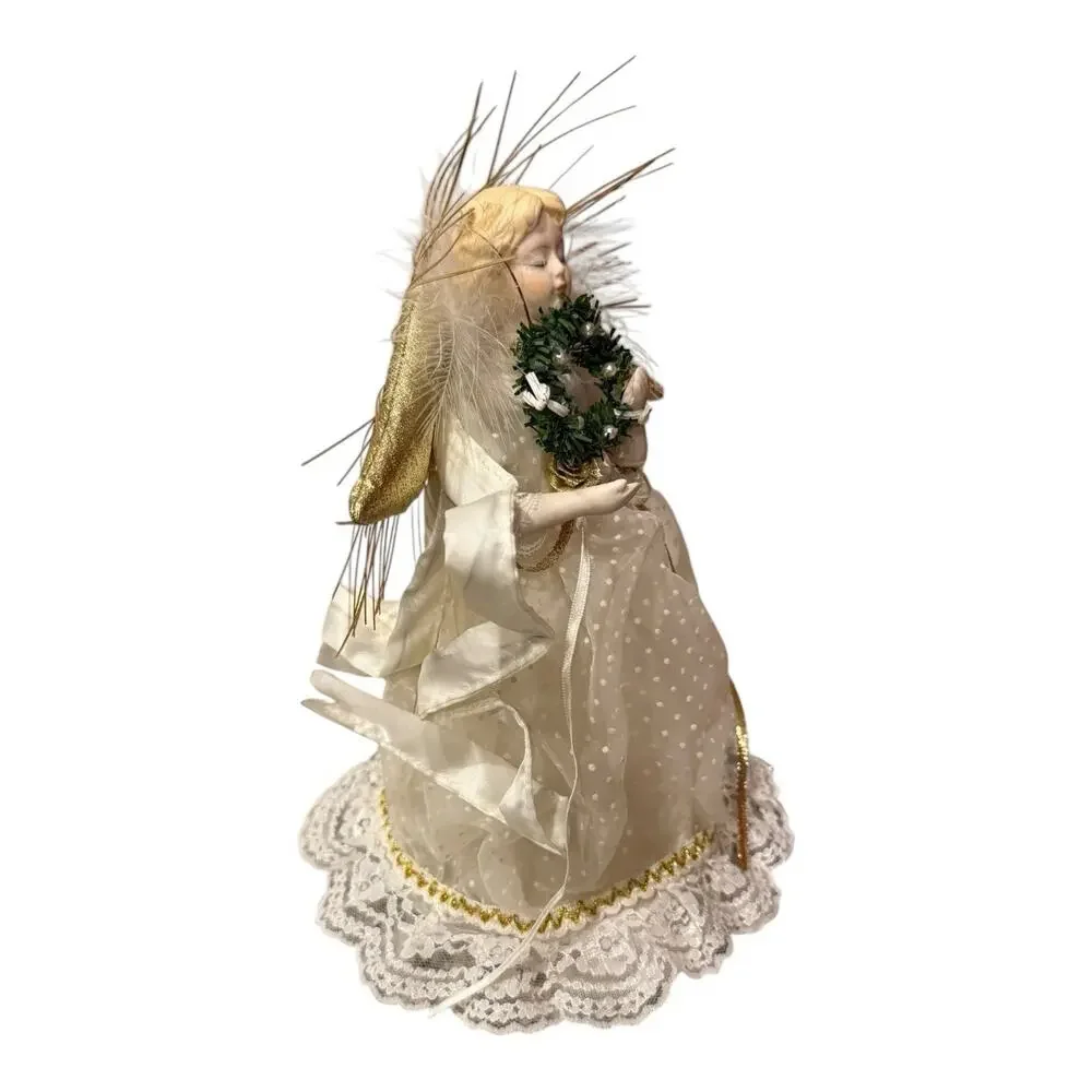 Vintage Porcelain Christmas Angel Tree Topper White Gold 9